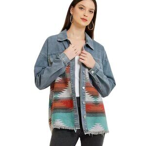 Denim Southwest Western Mixed Media Shacket Flap Pockets Raw Hem Size XL